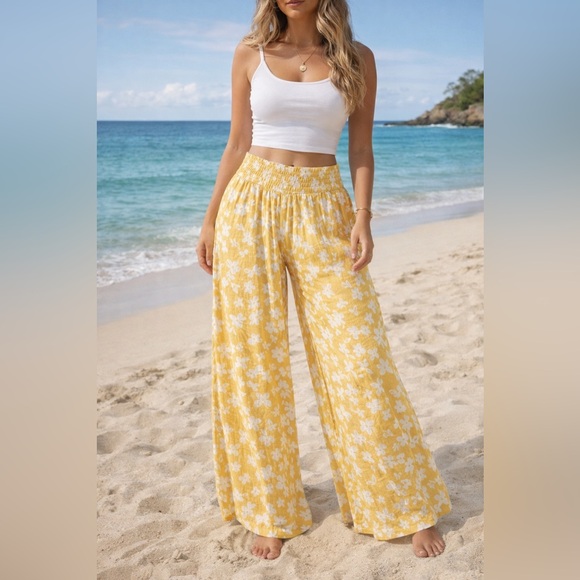 Kendall & Kylie Pants - Yellow Floral Boho Wide Leg Pants Cottagecore Coastal Summer Elastic Waist Fairy